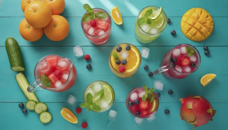Cocktail analcolici estivi colorati con frutta fresca e menta su tavolo azzurro