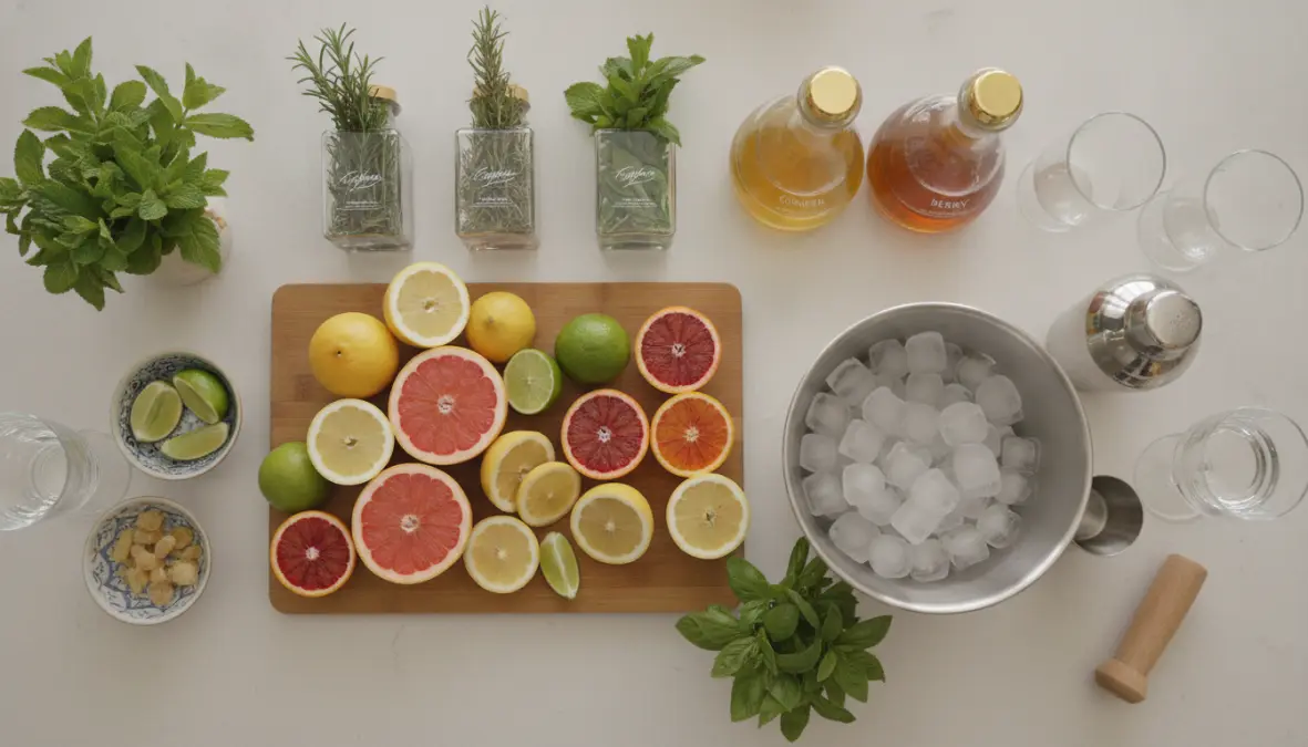 Ingredienti freschi e attrezzatura per preparare cocktail analcolici estivi perfetti