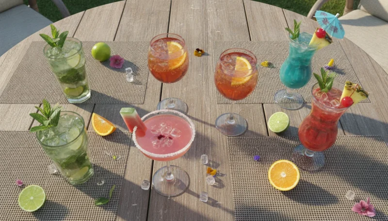 Cocktail estivi freschi e colorati con frutta e ghiaccio su tavolo all'aperto