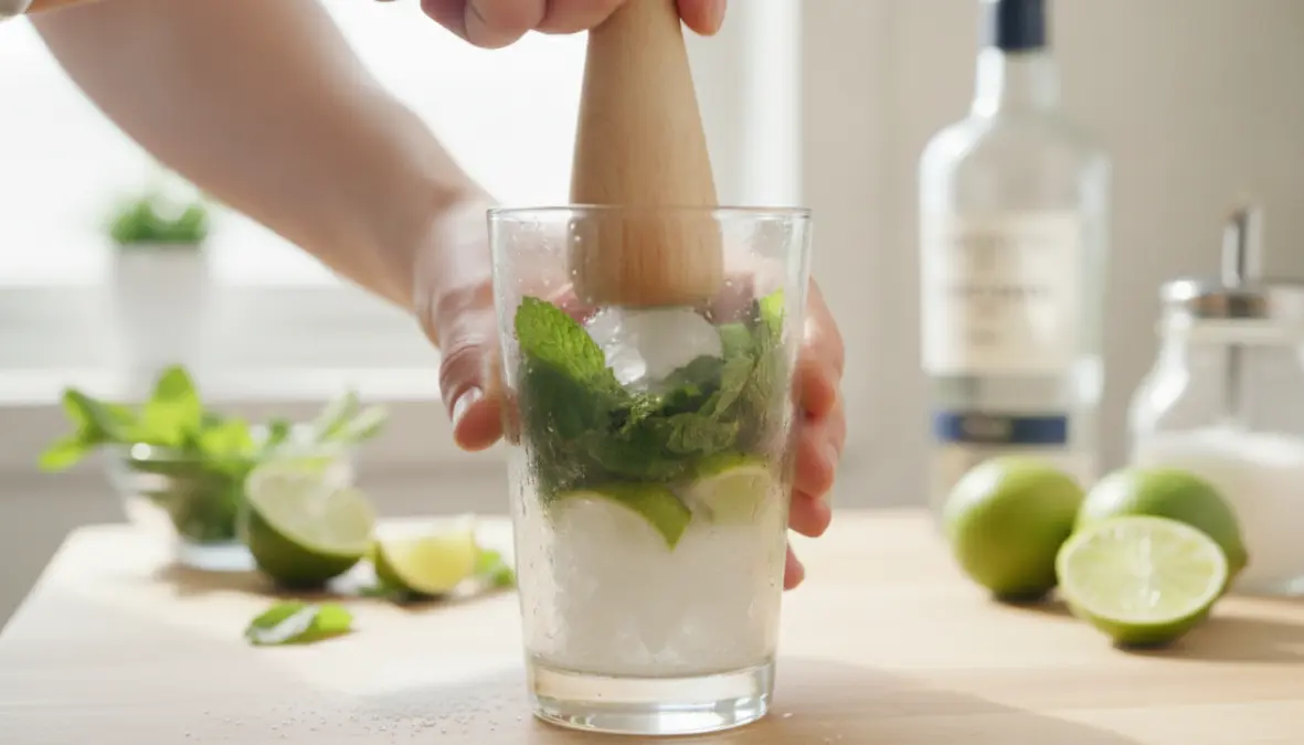 Preparazione cocktail estivo mojito con menta fresca e limone