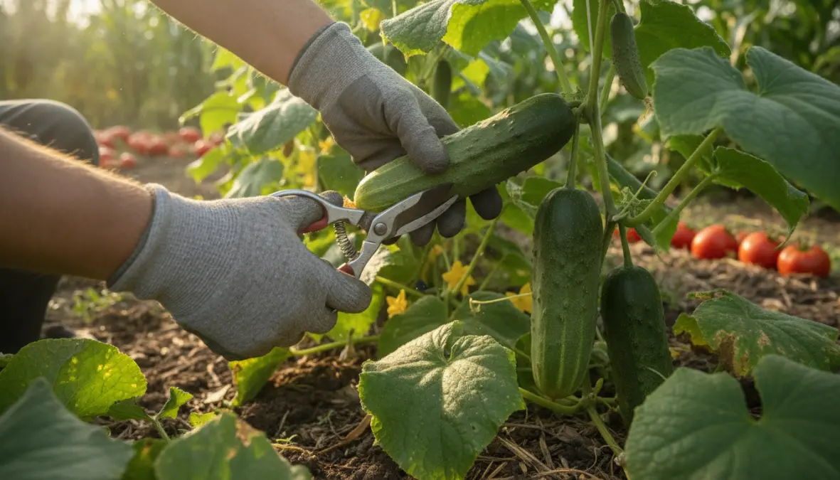Raccolta corretta dei cetrioli maturi con forbici da giardino
