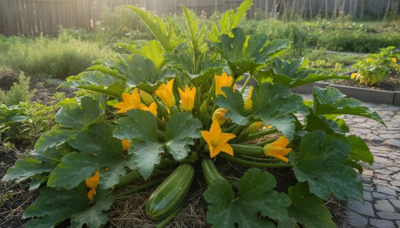Pianta di zucchine rigogliosa nell'orto con frutti e fiori gialli, guida per coltivare zucchine