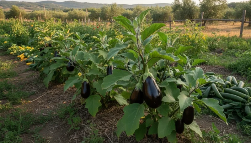 Piante di melanzane cariche di frutti violacei nell'orto durante la stagione di raccolta