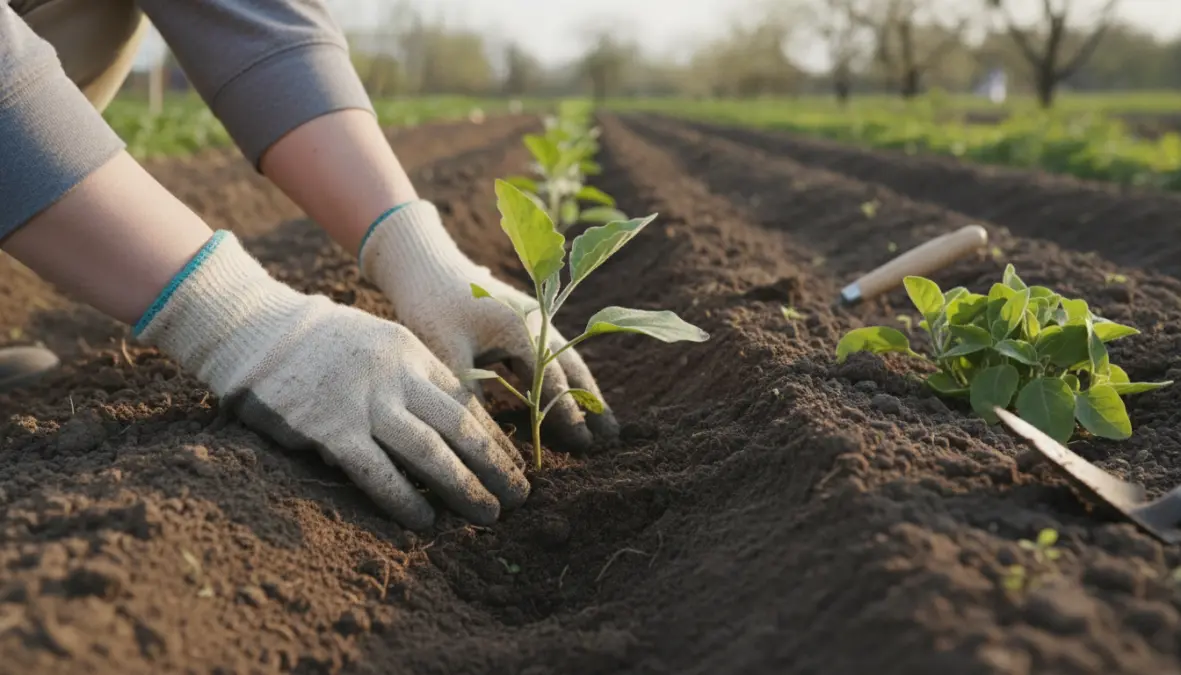 Trapianto di piantine di melanzane nell'orto con la giusta distanza tra le piante