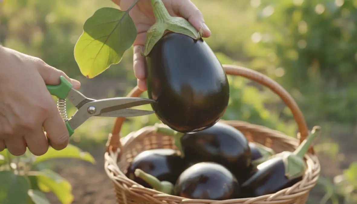 Raccolta delle melanzane mature nell'orto con forbici lasciando il picciolo