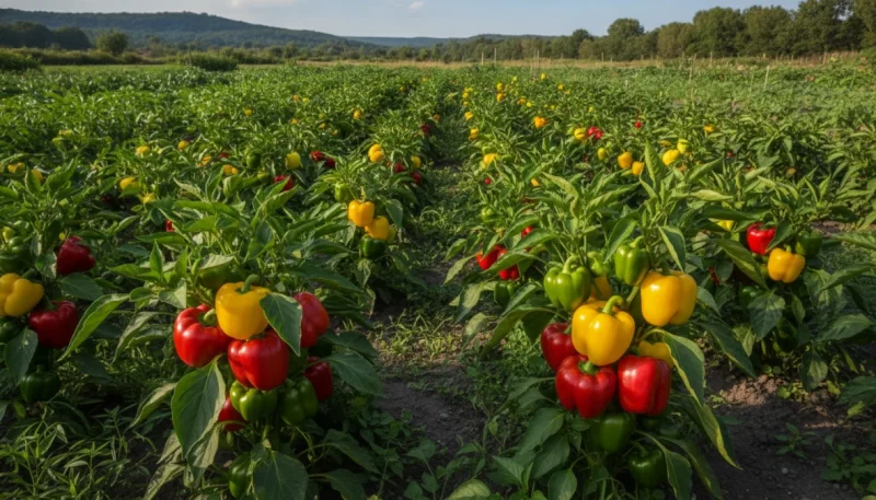 Coltivare peperoni nell'orto con frutti colorati maturi sulle piante