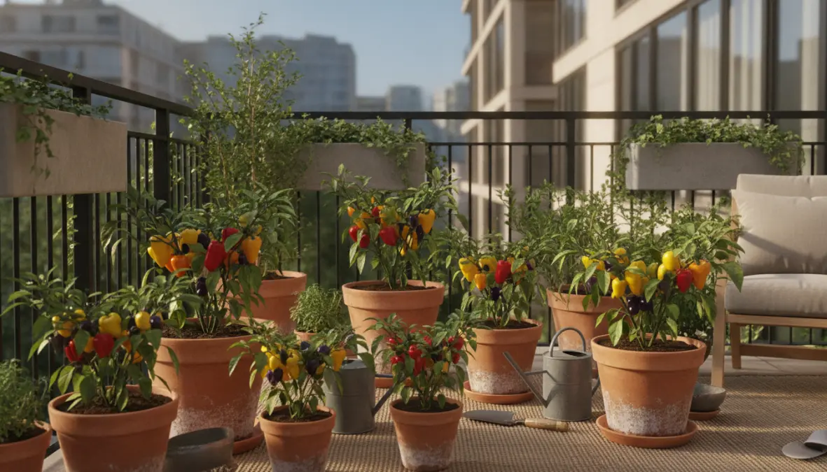 Coltivare peperoni in vaso sul balcone con piante produttive e frutti maturi