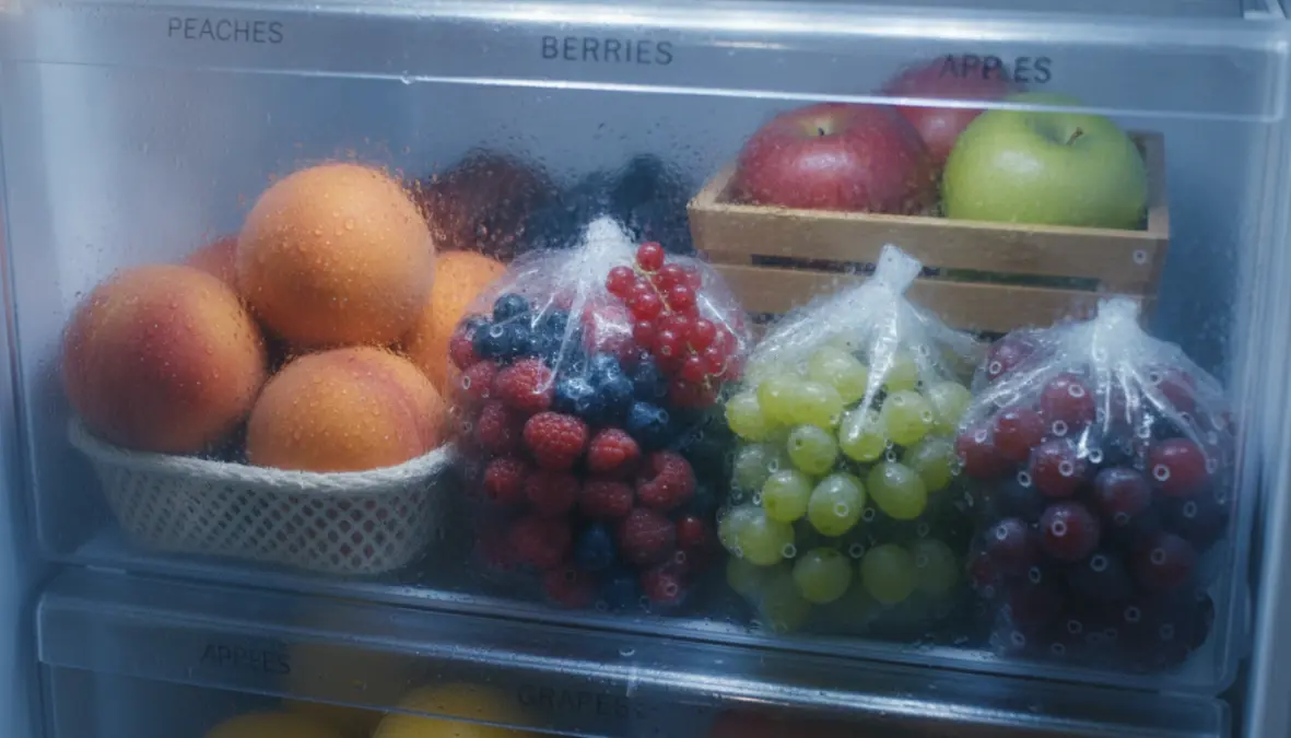 Cassetti frigorifero con frutta estiva organizzata in contenitori per conservazione ottimale