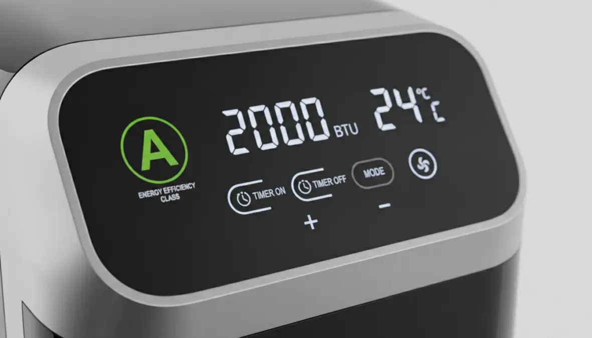 Pannello di controllo condizionatore portatile con display BTU e classe energetica