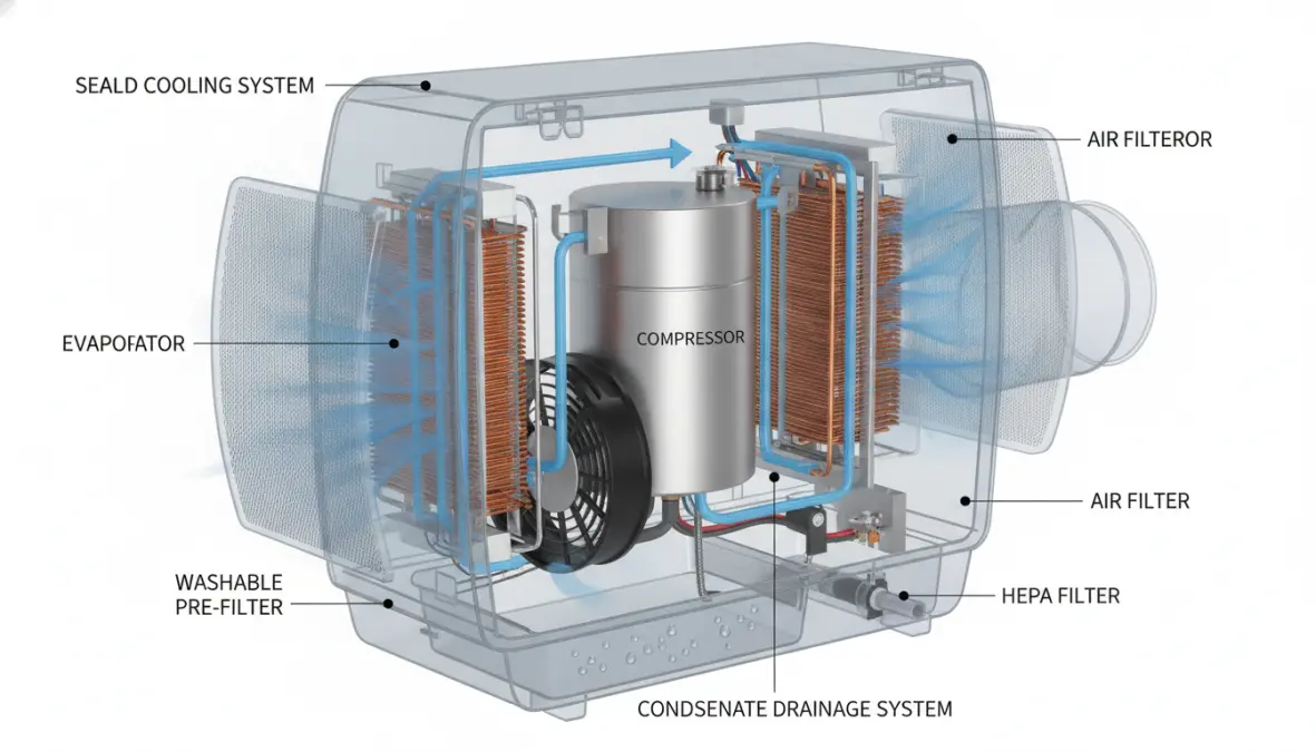 Schema funzionamento interno condizionatore portatile con gas refrigerante