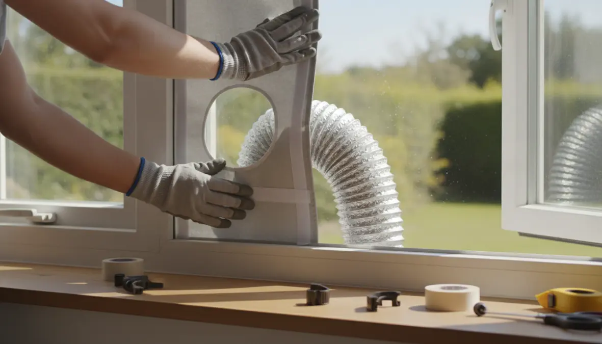 Installazione corretta tubo scarico condizionatore portatile attraverso finestra