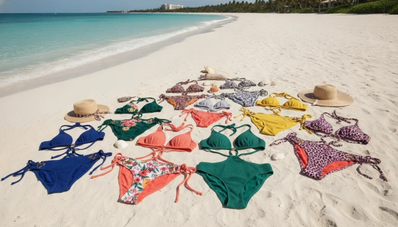 Collezione di costumi da bagno donna bikini e interi su spiaggia estiva
