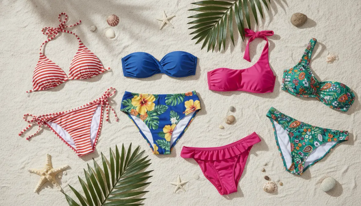 Modelli diversi di bikini donna disposti su sabbia con fantasie floreali e colori estivi