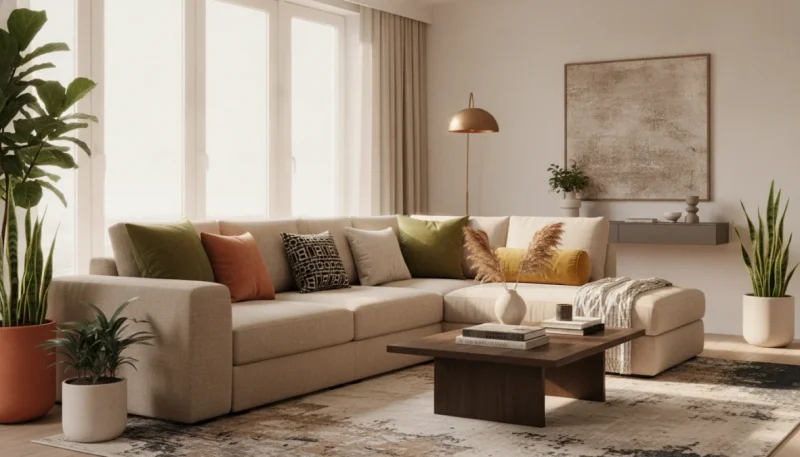 Cuscini decorativi colorati disposti su divano moderno in soggiorno elegante