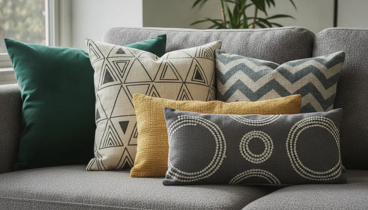 Disposizione di cuscini decorativi di diverse dimensioni su divano grigio