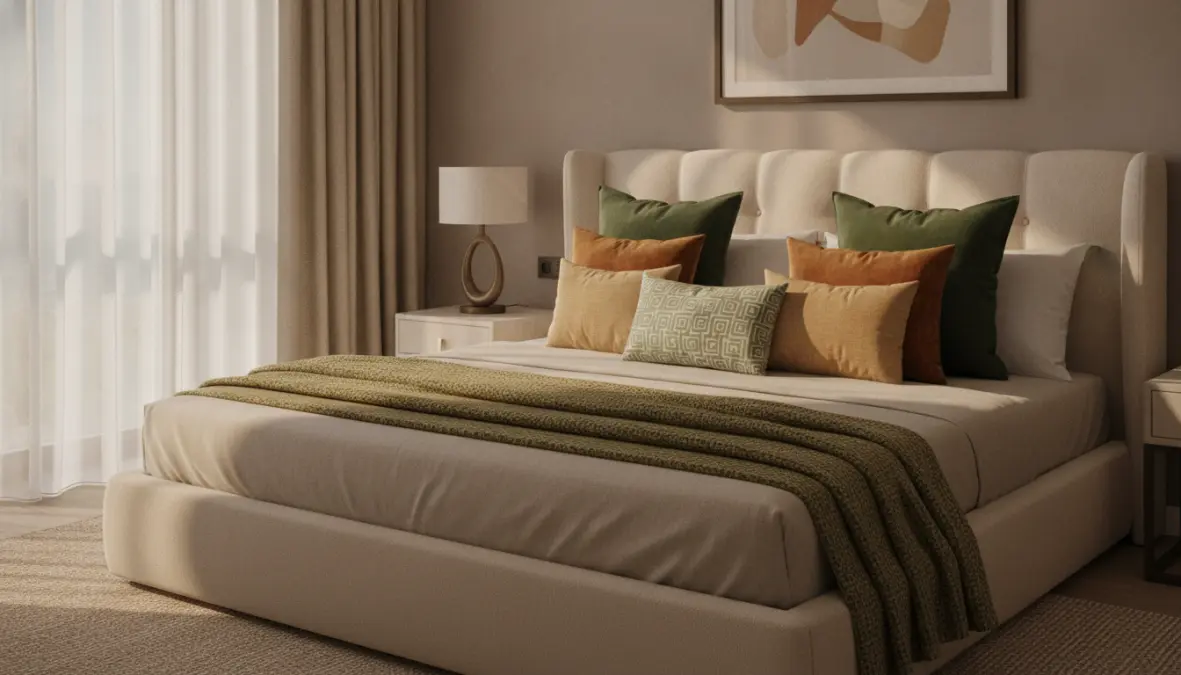 Cuscini letto decorativi colorati abbinati in palette armoniosa su letto moderno