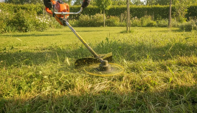 Decespugliatore professionale in uso per tagliare erba alta in giardino