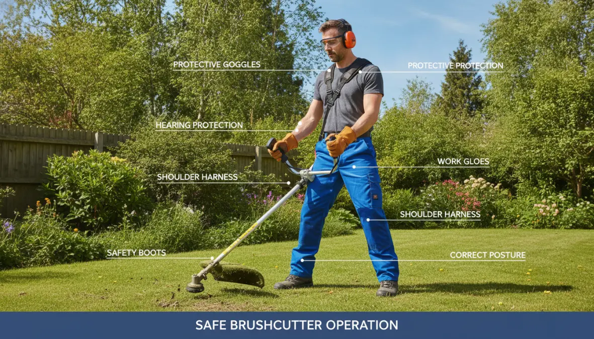 Utilizzo sicuro del decespugliatore con DPI e dispositivi di protezione completi