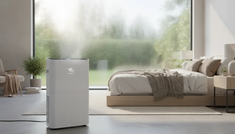 Deumidificatore elettrico moderno in camera da letto per eliminare umidità e condensa