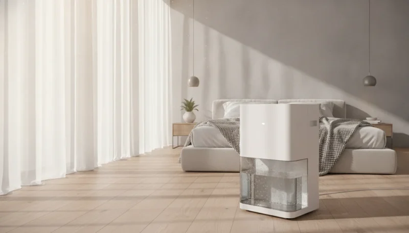 Deumidificatore portatile moderno in camera da letto luminosa per combattere umidità estiva