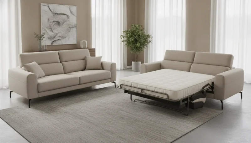 Divano letto moderno e confortevole in soggiorno luminoso con design contemporaneo