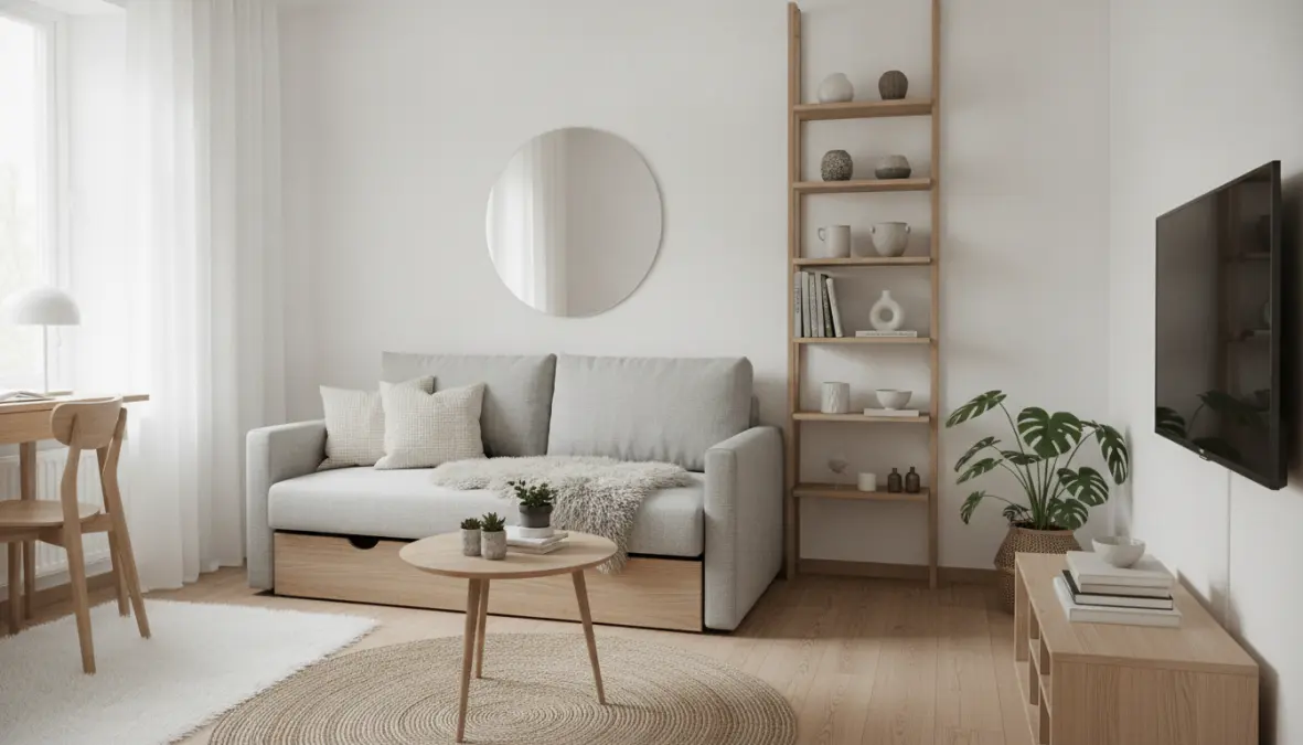 Divano letto salvaspazio per piccoli spazi in monolocale moderno con contenitore portaoggetti