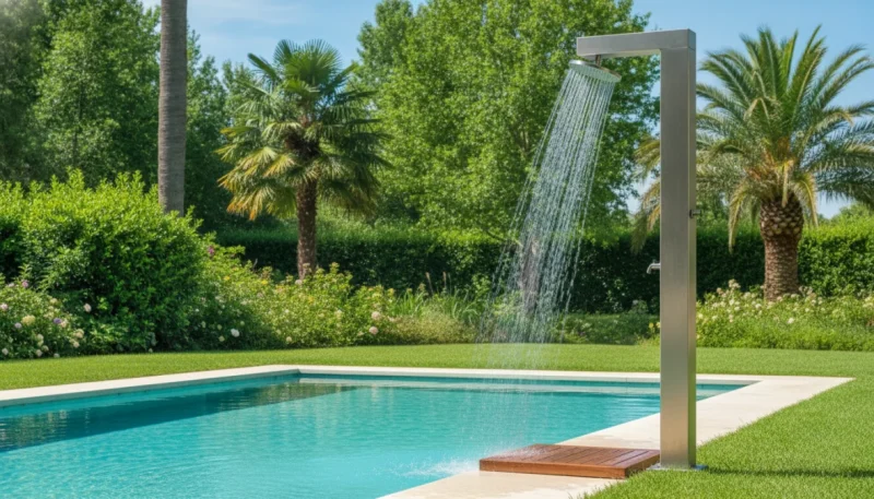 Doccia solare moderna installata a bordo piscina in giardino con acqua calda