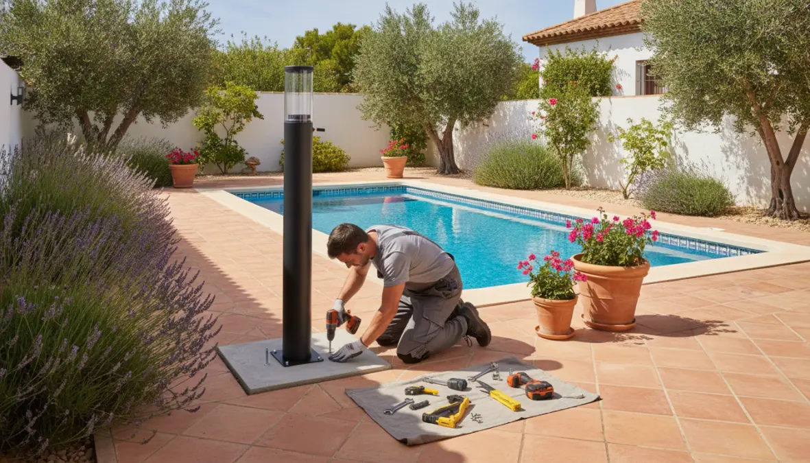 Installazione doccia solare esterna in giardino vicino alla piscina