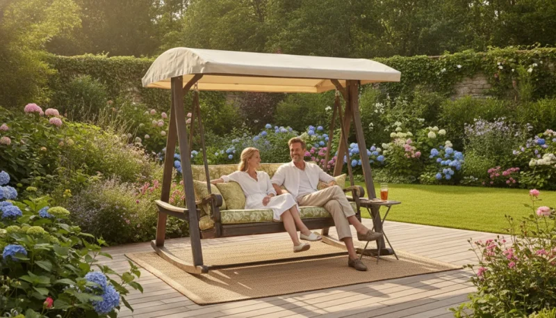 Dondolo da giardino con tettuccio in spazio outdoor elegante e rilassante