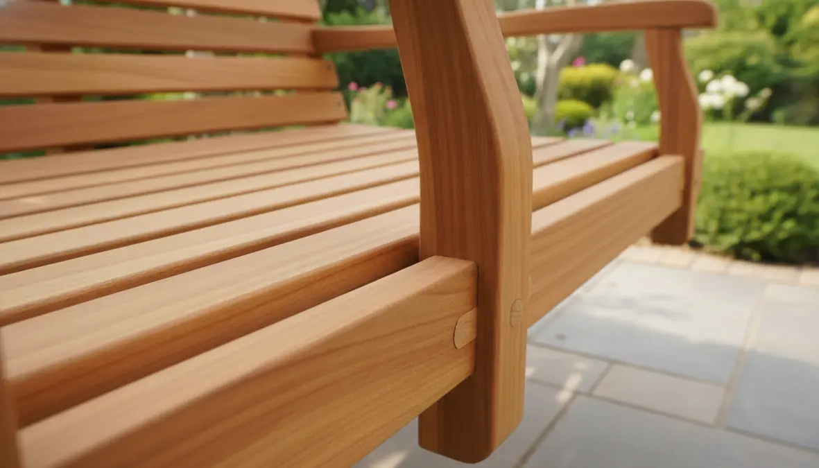 Dettaglio dondolo da giardino in legno di teak con finitura naturale