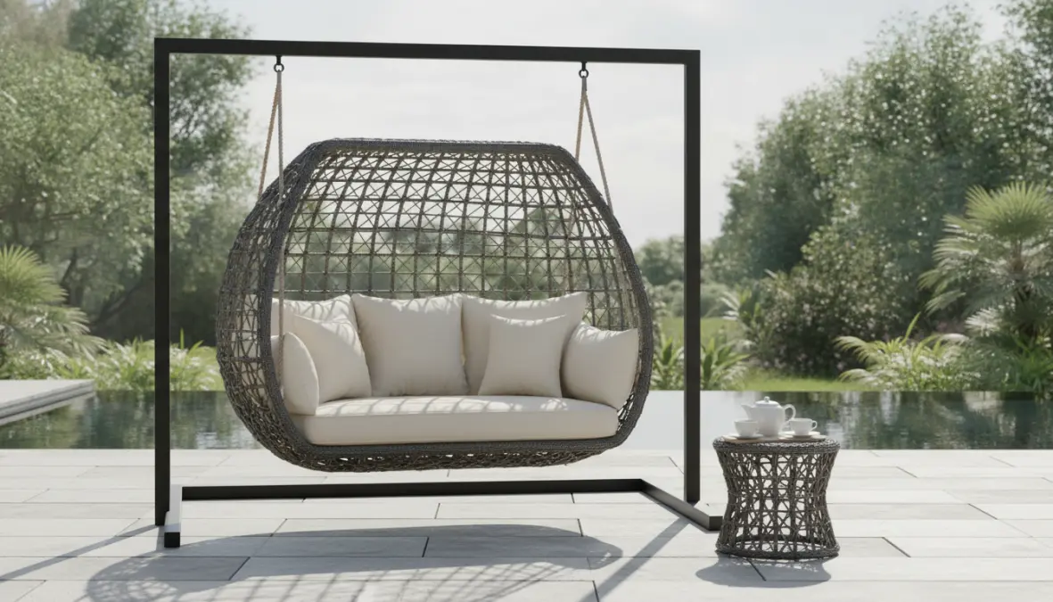 Dondolo in rattan sintetico moderno per esterni con cuscini