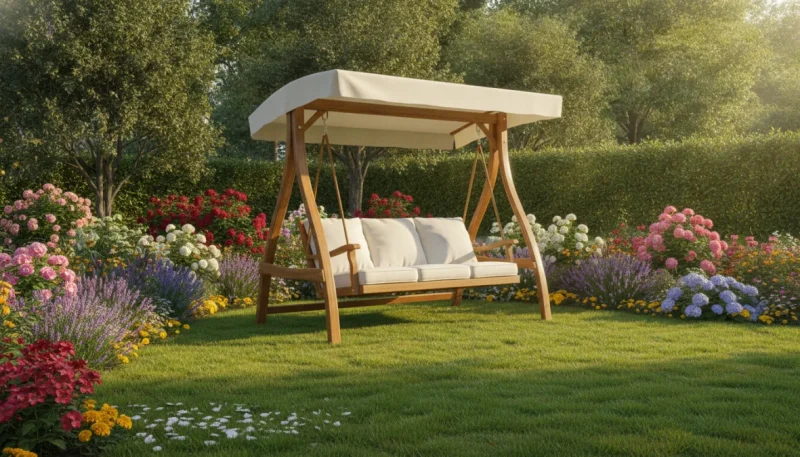 Dondolo da giardino a tre posti con tettoia in un giardino curato