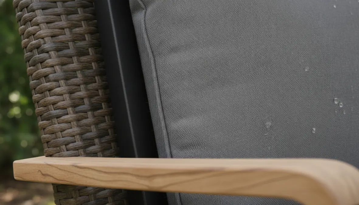 Dettaglio materiali dondolo: rattan sintetico, metallo e tessuti impermeabili