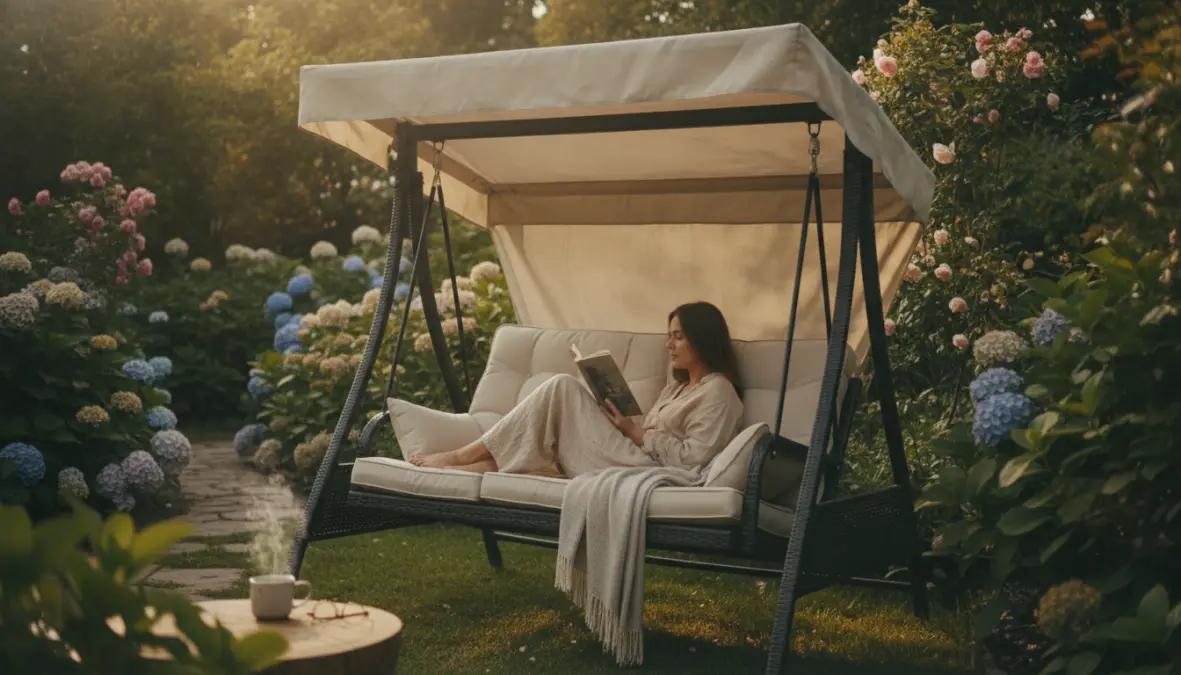 Persona che usa un dondolo da giardino con copertura per leggere e rilassarsi