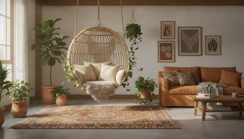 Dondolo da interno sospeso in rattan con cuscini in stile boho in salotto luminoso