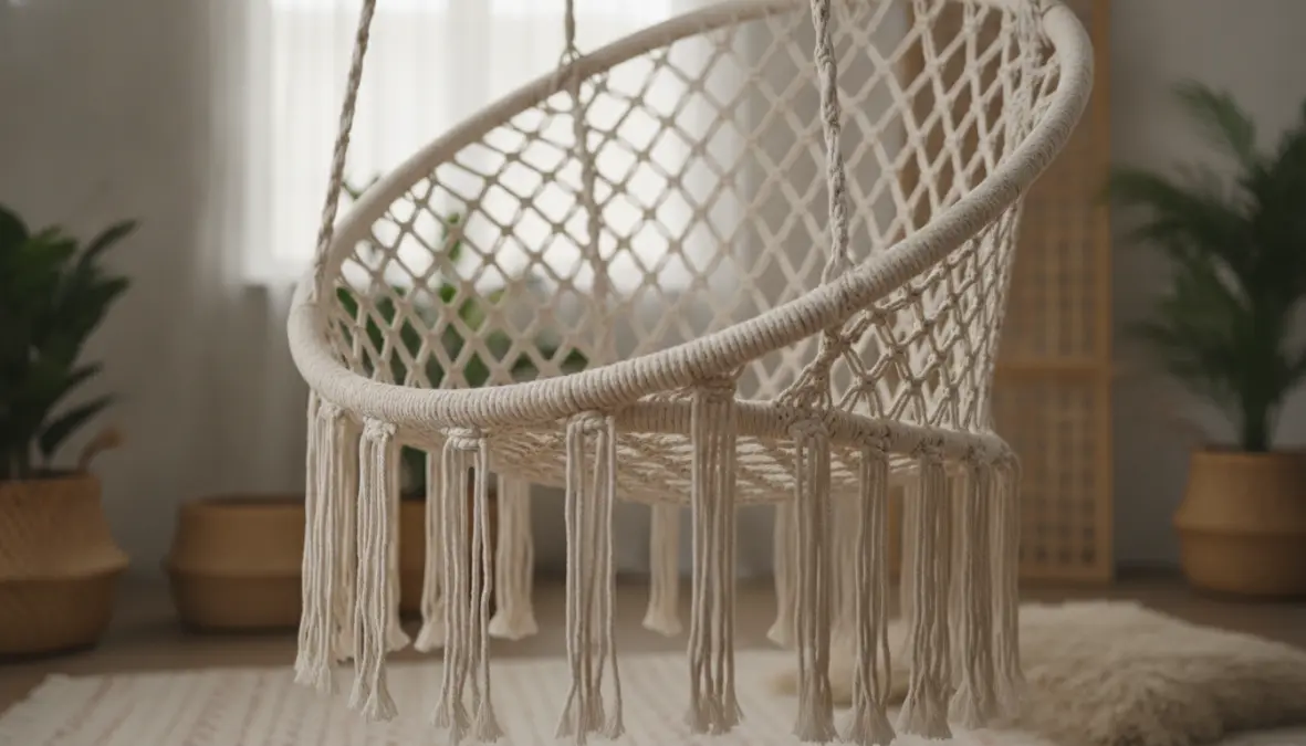 Swing chair interno in macramè sospesa con dettagli artigianali e corde intrecciate
