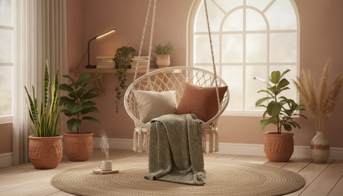 Angolo lettura con dondolo da interno e illuminazione LED per relax domestico