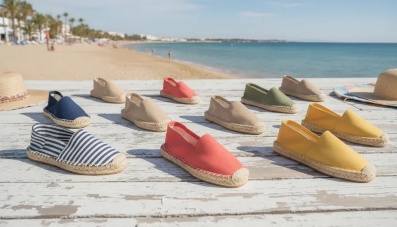Espadrillas colorate estive con suola in corda di iuta su sfondo mediterraneo