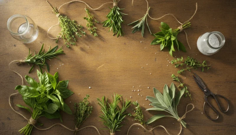 Erbe aromatiche fresche pronte per essere essiccate su tavolo rustico con barattoli di vetro per la conservazione