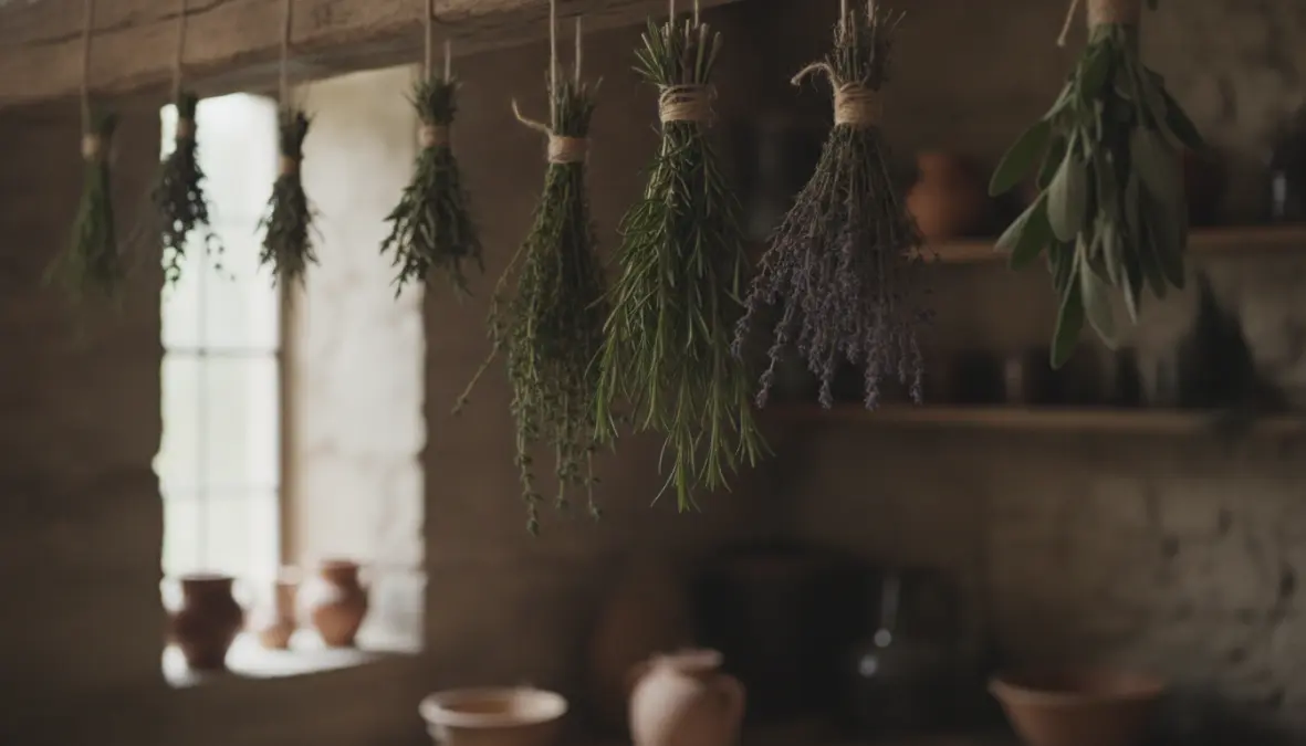 Mazzetti di erbe aromatiche appesi ad essiccare al buio in ambiente ventilato