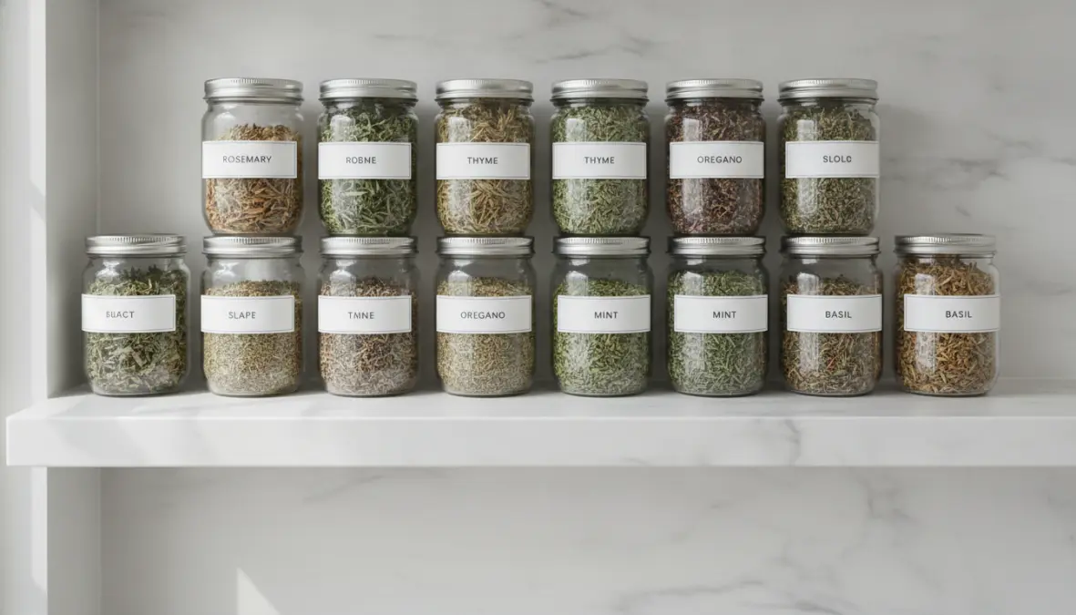 Barattoli di vetro con erbe aromatiche secche conservate correttamente ed etichettate
