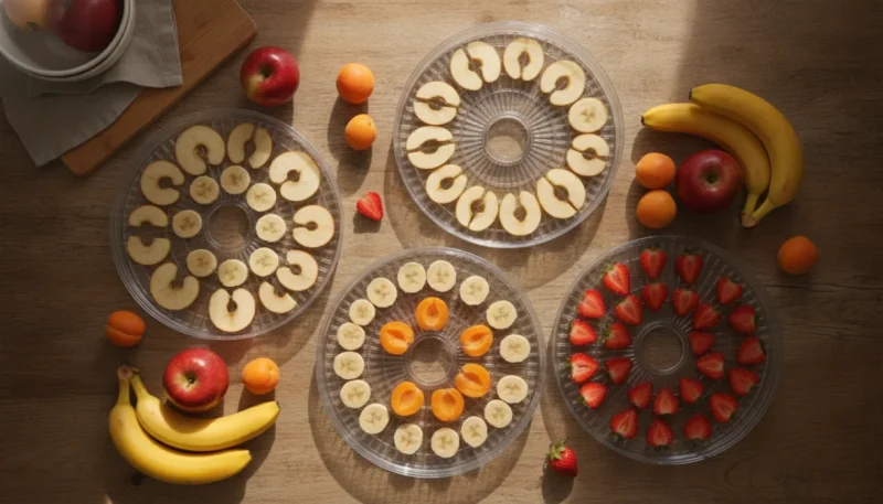 Vassoi per essiccare frutta con fette di mele, banane e albicocche disposte per l'essiccazione casalinga