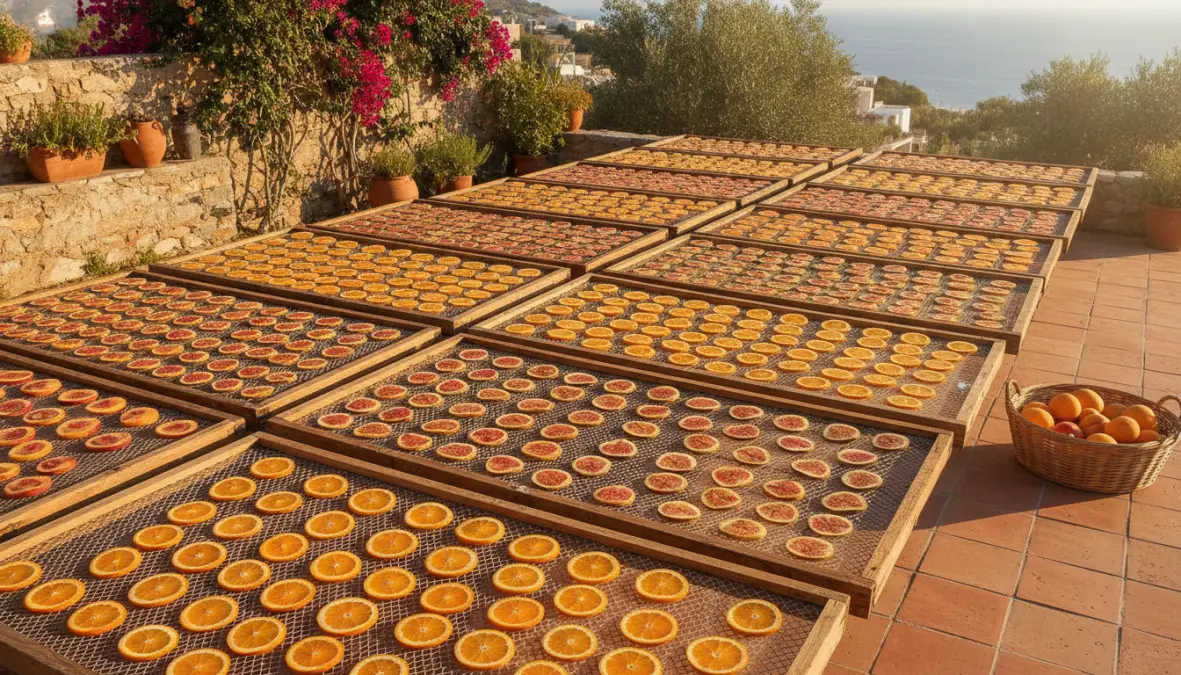 Frutta essiccata al sole su vassoi di legno con rete protettiva, metodo naturale tradizionale