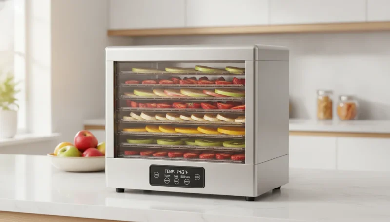 Essiccatore alimentare moderno con vassoi di frutta fresca da essiccare in cucina