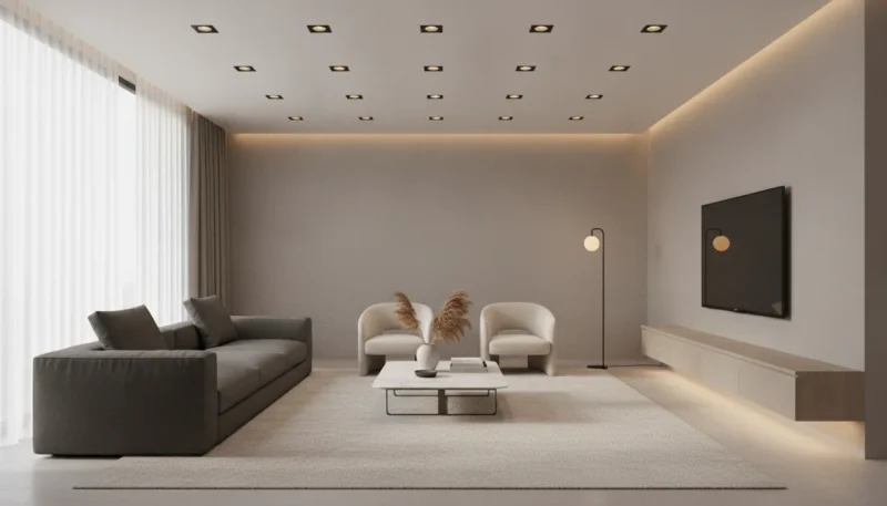 Faretti LED da incasso installati nel soffitto di un soggiorno moderno con illuminazione elegante