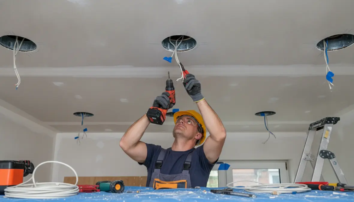 Installazione professionale di faretti LED da incasso nel controsoffitto da parte di elettricista