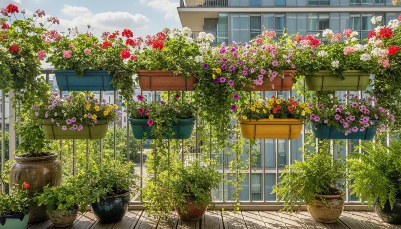 Fioriera da balcone colorata con gerani e fiori su ringhiera moderna