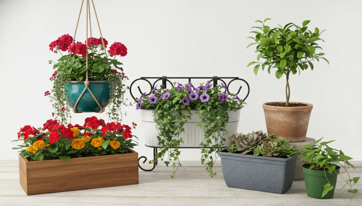 Diverse tipologie di fioriere da balcone: ringhiera, appendere e cassette per fiori