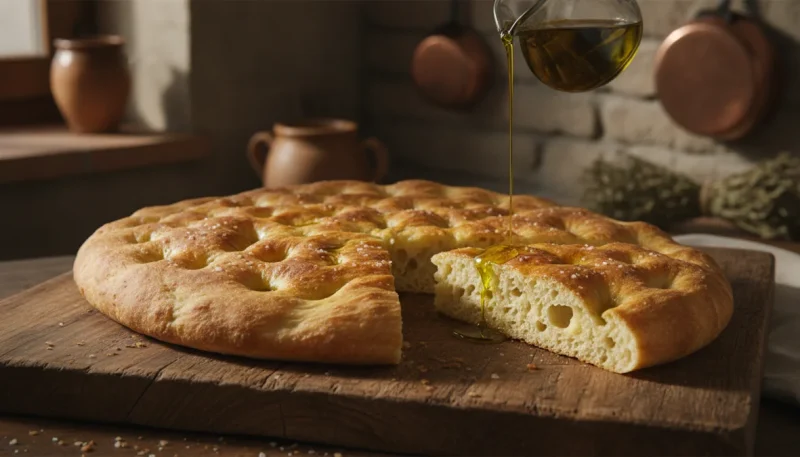 Focaccia genovese tradizionale appena sfornata con olio extravergine ligure