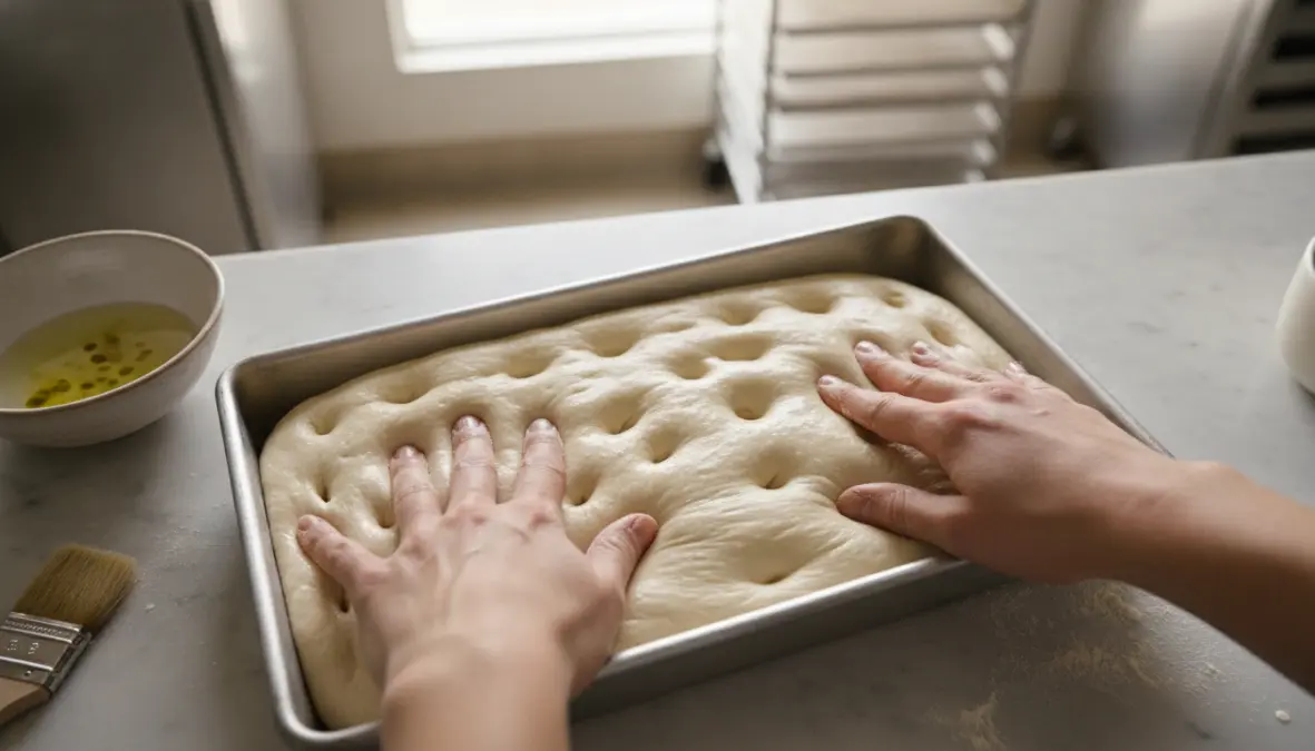 Preparazione impasto focaccia genovese con tecnica delle fossette